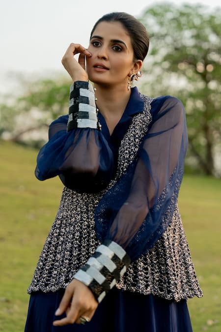 Shop Nikita Vishakha Blue Organza, Polyester Cuff Hand Embroidered Flared Gown With Peplum Jacket Online at Aza Fashions Shop_Nikita Vishakha_Blue Organza, Polyester Cuff Hand Embroidered Flared Gown With Peplum Jacket _Online_at_Aza_Fashions