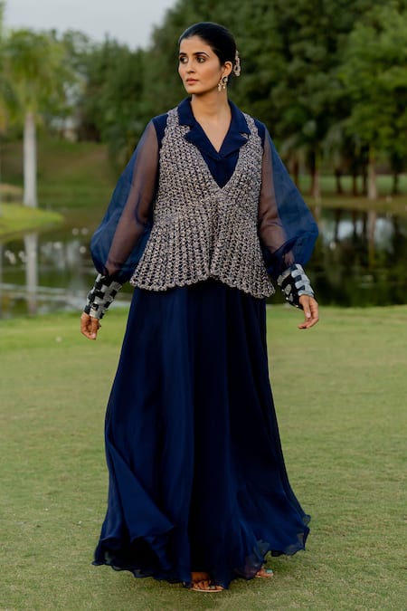 Nikita Vishakha Blue Organza, Polyester Cuff Hand Embroidered Flared Gown With Peplum Jacket at Aza Fashions Nikita Vishakha_Blue Organza, Polyester Cuff Hand Embroidered Flared Gown With Peplum Jacket _at_Aza_Fashions