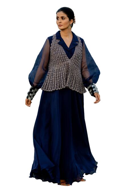 Buy Nikita Vishakha Blue Organza, Polyester Cuff Hand Embroidered Flared Gown With Peplum Jacket Buy_Nikita Vishakha_Blue Organza, Polyester Cuff Hand Embroidered Flared Gown With Peplum Jacket