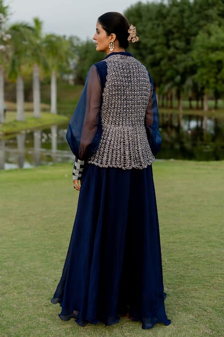 Shop Nikita Vishakha Blue Organza, Polyester Cuff Hand Embroidered Flared Gown With Peplum Jacket Shop_Nikita Vishakha_Blue Organza, Polyester Cuff Hand Embroidered Flared Gown With Peplum Jacket
