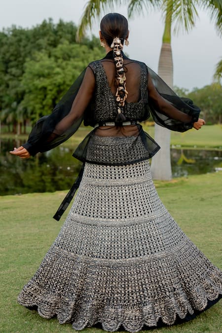 Shop Nikita Vishakha Black Silk , Pearls, Solid Lapel Collared Trench Coat Skirt Set at Aza Fashions Shop_Nikita Vishakha_Black Silk , Pearls, Solid Lapel Collared Trench Coat Skirt Set _at_Aza_Fashions