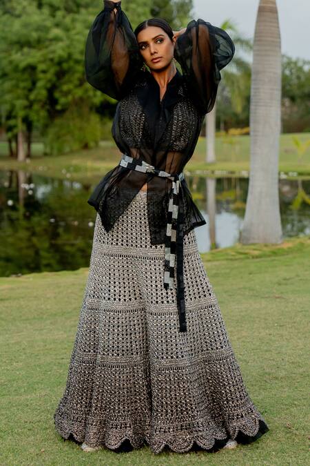 Nikita Vishakha Black Silk , Pearls, Solid Lapel Collared Trench Coat Skirt Set Online at Aza Fashions Nikita Vishakha_Black Silk , Pearls, Solid Lapel Collared Trench Coat Skirt Set _Online_at_Aza_Fashions