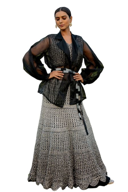 Shop Nikita Vishakha Black Silk , Pearls, Solid Lapel Collared Trench Coat Skirt Set Online at Aza Fashions Shop_Nikita Vishakha_Black Silk , Pearls, Solid Lapel Collared Trench Coat Skirt Set _Online_at_Aza_Fashions