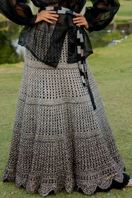 Nikita Vishakha Black Silk , Pearls, Solid Lapel Collared Trench Coat Skirt Set at Aza Fashions Nikita Vishakha_Black Silk , Pearls, Solid Lapel Collared Trench Coat Skirt Set _at_Aza_Fashions