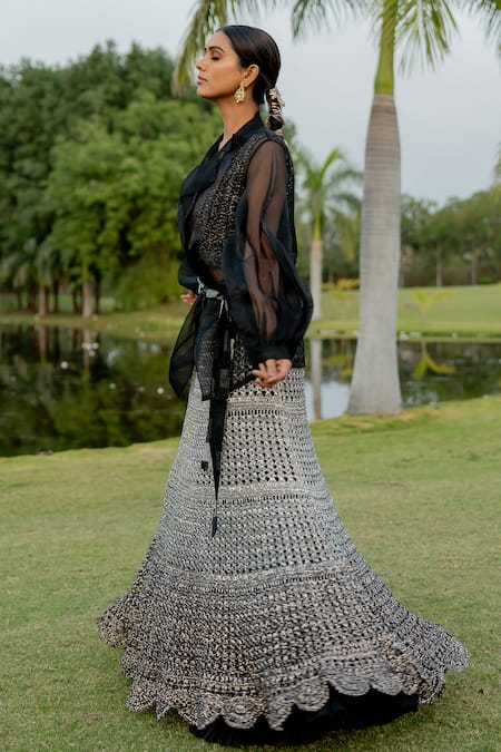 Buy Nikita Vishakha Black Silk , Pearls, Solid Lapel Collared Trench Coat Skirt Set Buy_Nikita Vishakha_Black Silk , Pearls, Solid Lapel Collared Trench Coat Skirt Set