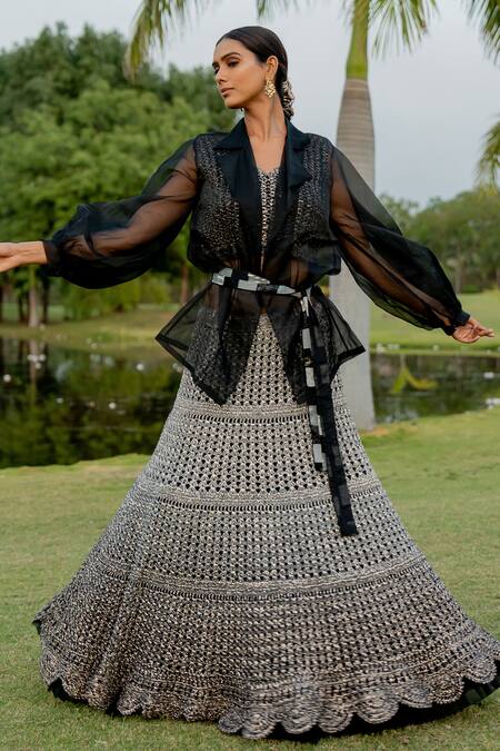 Shop Nikita Vishakha Black Silk , Pearls, Solid Lapel Collared Trench Coat Skirt Set Shop_Nikita Vishakha_Black Silk , Pearls, Solid Lapel Collared Trench Coat Skirt Set