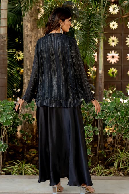 Shop Nikita Vishakha Black Crepe, Lurex Embroidery V-neck Jacket Skirt Set at Aza Fashions Shop_Nikita Vishakha_Black Crepe, Lurex Embroidery V-neck Jacket Skirt Set _at_Aza_Fashions