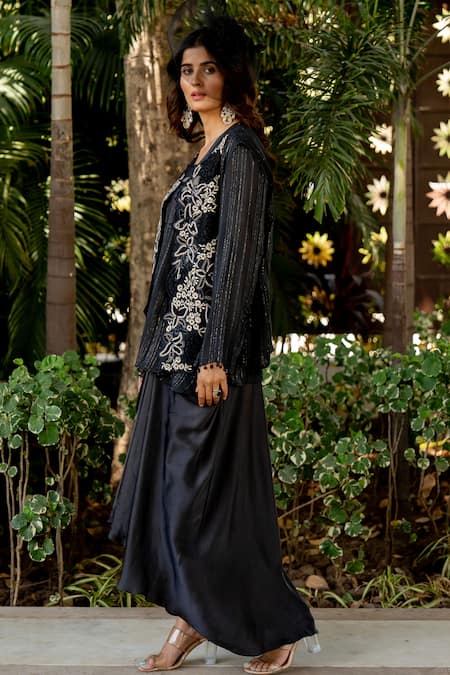 Shop Nikita Vishakha Black Crepe, Lurex Embroidery V-neck Jacket Skirt Set Online at Aza Fashions Shop_Nikita Vishakha_Black Crepe, Lurex Embroidery V-neck Jacket Skirt Set _Online_at_Aza_Fashions