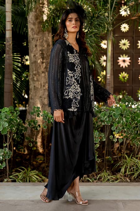 Nikita Vishakha Black Crepe, Lurex Embroidery V-neck Jacket Skirt Set at Aza Fashions Nikita Vishakha_Black Crepe, Lurex Embroidery V-neck Jacket Skirt Set _at_Aza_Fashions