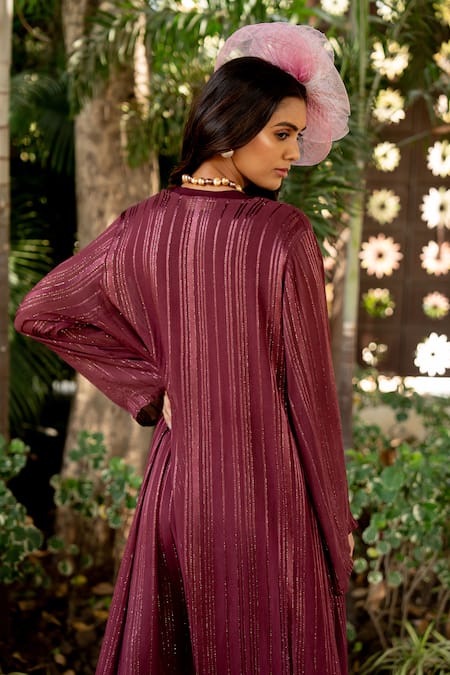 Nikita Vishakha_Wine Organza, Crepe, Lurex Beads, Tassels Round Neck Embroidered Dress With Cape _Online_at_Aza_Fashions