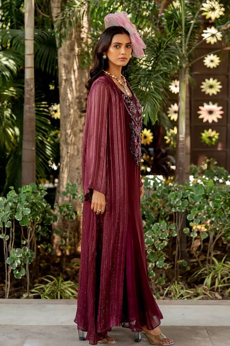 Shop_Nikita Vishakha_Wine Organza, Crepe, Lurex Beads, Tassels Round Neck Embroidered Dress With Cape _Online_at_Aza_Fashions