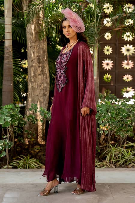 Nikita Vishakha_Wine Organza, Crepe, Lurex Beads, Tassels Round Neck Embroidered Dress With Cape _at_Aza_Fashions