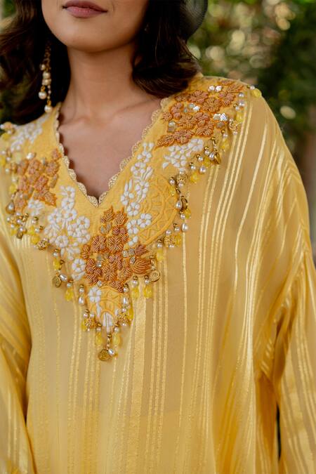 Buy Nikita Vishakha Yellow Crepe, Lurex Beads, Tassels V-neck Embroidered Top And Skirt Set Online at Aza Fashions Buy_Nikita Vishakha_Yellow Crepe, Lurex Beads, Tassels V-neck Embroidered Top And Skirt Set _Online_at_Aza_Fashions