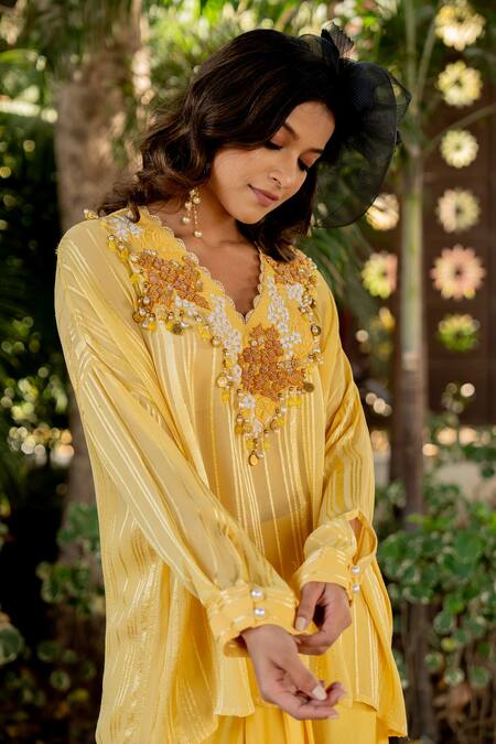 Shop Nikita Vishakha Yellow Crepe, Lurex Beads, Tassels V-neck Embroidered Top And Skirt Set Online at Aza Fashions Shop_Nikita Vishakha_Yellow Crepe, Lurex Beads, Tassels V-neck Embroidered Top And Skirt Set _Online_at_Aza_Fashions