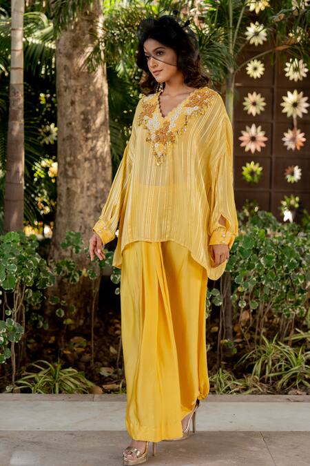 Buy Nikita Vishakha Yellow Crepe, Lurex Beads, Tassels V-neck Embroidered Top And Skirt Set Buy_Nikita Vishakha_Yellow Crepe, Lurex Beads, Tassels V-neck Embroidered Top And Skirt Set