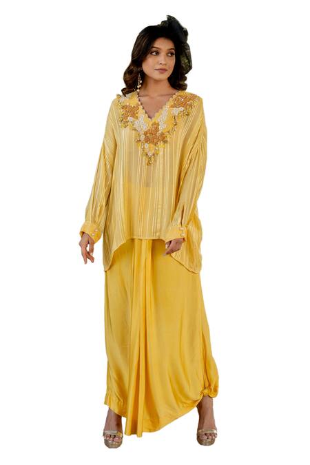 Shop Nikita Vishakha Yellow Crepe, Lurex Beads, Tassels V-neck Embroidered Top And Skirt Set Shop_Nikita Vishakha_Yellow Crepe, Lurex Beads, Tassels V-neck Embroidered Top And Skirt Set