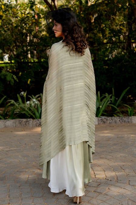 Shop Nikita Vishakha Green Crepe, Lurex, Silk Beads, Tassels, Embroidery Round Cape And Ombre Dress Set at Aza Fashions Shop_Nikita Vishakha_Green Crepe, Lurex, Silk Beads, Tassels, Embroidery Round Cape And Ombre Dress Set _at_Aza_Fashions