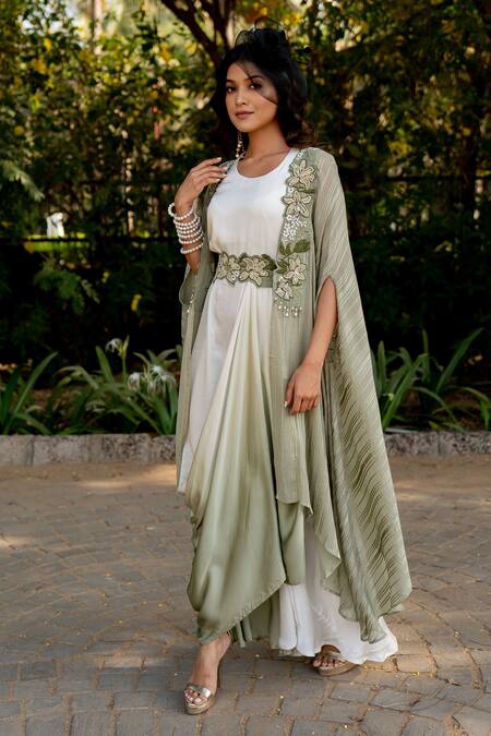 Buy Nikita Vishakha Green Crepe, Lurex, Silk Beads, Tassels, Embroidery Round Cape And Ombre Dress Set Online at Aza Fashions Buy_Nikita Vishakha_Green Crepe, Lurex, Silk Beads, Tassels, Embroidery Round Cape And Ombre Dress Set _Online_at_Aza_Fashions