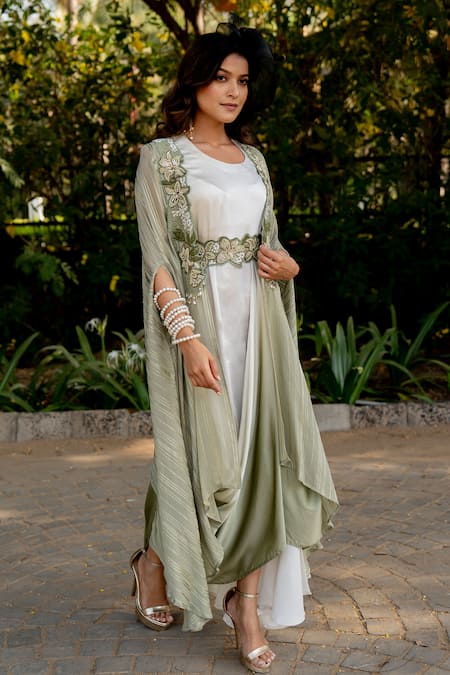 Shop Nikita Vishakha Green Crepe, Lurex, Silk Beads, Tassels, Embroidery Round Cape And Ombre Dress Set Online at Aza Fashions Shop_Nikita Vishakha_Green Crepe, Lurex, Silk Beads, Tassels, Embroidery Round Cape And Ombre Dress Set _Online_at_Aza_Fashions