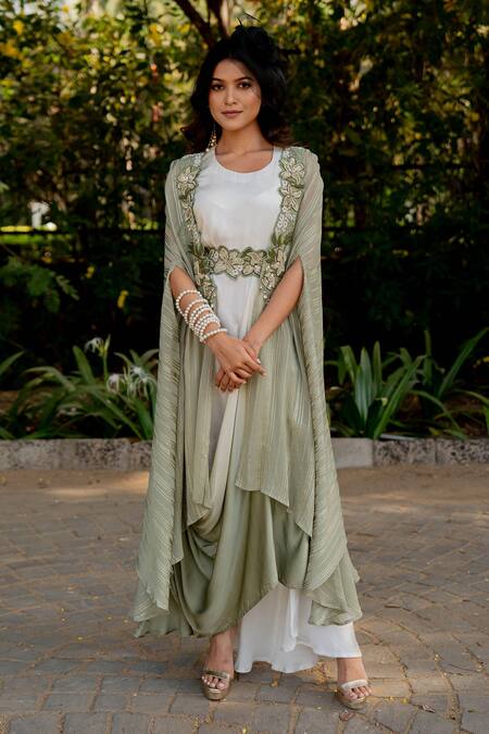 Nikita Vishakha Green Crepe, Lurex, Silk Beads, Tassels, Embroidery Round Cape And Ombre Dress Set at Aza Fashions Nikita Vishakha_Green Crepe, Lurex, Silk Beads, Tassels, Embroidery Round Cape And Ombre Dress Set _at_Aza_Fashions