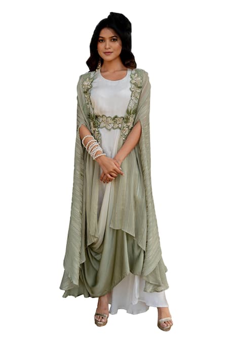 Buy Nikita Vishakha Green Crepe, Lurex, Silk Beads, Tassels, Embroidery Round Cape And Ombre Dress Set Buy_Nikita Vishakha_Green Crepe, Lurex, Silk Beads, Tassels, Embroidery Round Cape And Ombre Dress Set