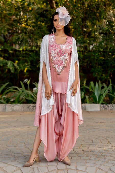 Nikita Vishakha Pink Crepe, Lurex Beads, Tassels, Yoke Kurta Dhoti Pant Set With Cape Online at Aza Fashions Nikita Vishakha_Pink Crepe, Lurex Beads, Tassels, Yoke Kurta Dhoti Pant Set With Cape _Online_at_Aza_Fashions