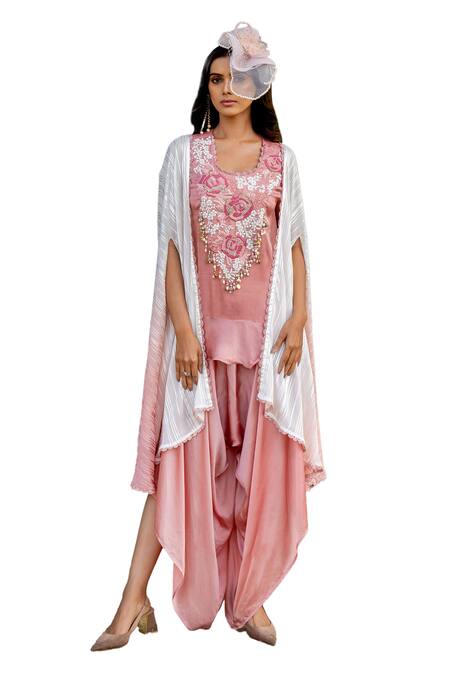 Buy Nikita Vishakha Pink Crepe, Lurex Beads, Tassels, Yoke Kurta Dhoti Pant Set With Cape Online at Aza Fashions Buy_Nikita Vishakha_Pink Crepe, Lurex Beads, Tassels, Yoke Kurta Dhoti Pant Set With Cape _Online_at_Aza_Fashions