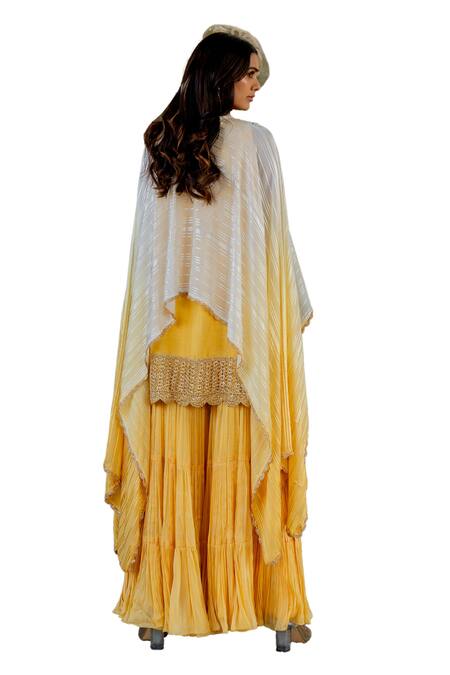 Nikita Vishakha Yellow Silk, Lurex Beads, Tassels Round Neck Embroidered Cape Gharara Set Online at Aza Fashions Nikita Vishakha_Yellow Silk, Lurex Beads, Tassels Round Neck Embroidered Cape Gharara Set _Online_at_Aza_Fashions