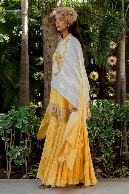 Nikita Vishakha Yellow Silk, Lurex Beads, Tassels Round Neck Embroidered Cape Gharara Set at Aza Fashions Nikita Vishakha_Yellow Silk, Lurex Beads, Tassels Round Neck Embroidered Cape Gharara Set _at_Aza_Fashions
