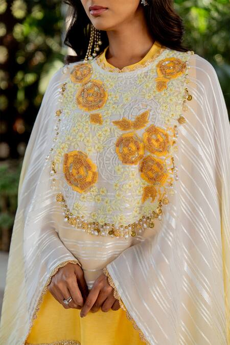 Buy Nikita Vishakha Yellow Silk, Lurex Beads, Tassels Round Neck Embroidered Cape Gharara Set Buy_Nikita Vishakha_Yellow Silk, Lurex Beads, Tassels Round Neck Embroidered Cape Gharara Set