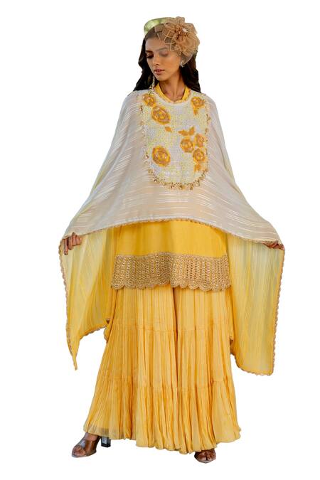 Shop Nikita Vishakha Yellow Silk, Lurex Beads, Tassels Round Neck Embroidered Cape Gharara Set Shop_Nikita Vishakha_Yellow Silk, Lurex Beads, Tassels Round Neck Embroidered Cape Gharara Set