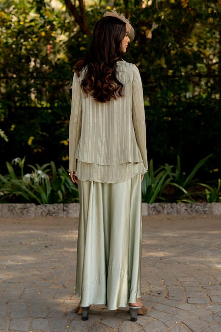 Shop_Nikita Vishakha_Green Crepe, Lurex Beads, Tassels, Embroidery V-neck Jacket Skirt Set _at_Aza_Fashions