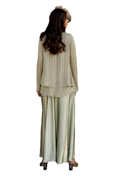 Nikita Vishakha_Green Crepe, Lurex Beads, Tassels, Embroidery V-neck Jacket Skirt Set _Online_at_Aza_Fashions