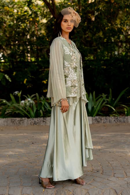 Shop_Nikita Vishakha_Green Crepe, Lurex Beads, Tassels, Embroidery V-neck Jacket Skirt Set _Online_at_Aza_Fashions