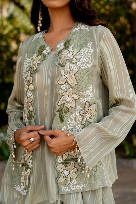 Nikita Vishakha_Green Crepe, Lurex Beads, Tassels, Embroidery V-neck Jacket Skirt Set _at_Aza_Fashions