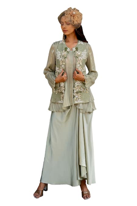 Buy_Nikita Vishakha_Green Crepe, Lurex Beads, Tassels, Embroidery V-neck Jacket Skirt Set 