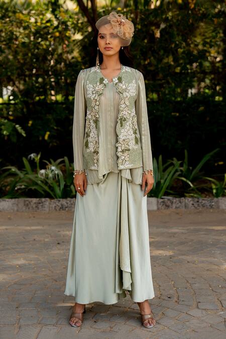 Shop_Nikita Vishakha_Green Crepe, Lurex Beads, Tassels, Embroidery V-neck Jacket Skirt Set 