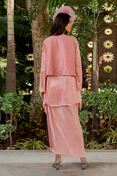 Shop Nikita Vishakha Pink Silk, Crepe Beads, Tassels, Embroidery V-neck Vest Skirt Set at Aza Fashions Shop_Nikita Vishakha_Pink Silk, Crepe Beads, Tassels, Embroidery V-neck Vest Skirt Set _at_Aza_Fashions