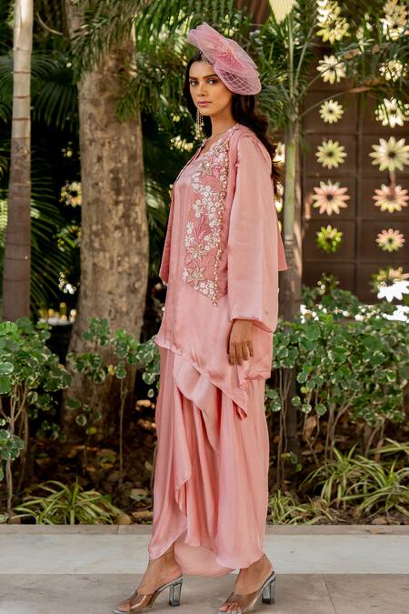 Nikita Vishakha Pink Silk, Crepe Beads, Tassels, Embroidery V-neck Vest Skirt Set Online at Aza Fashions Nikita Vishakha_Pink Silk, Crepe Beads, Tassels, Embroidery V-neck Vest Skirt Set _Online_at_Aza_Fashions