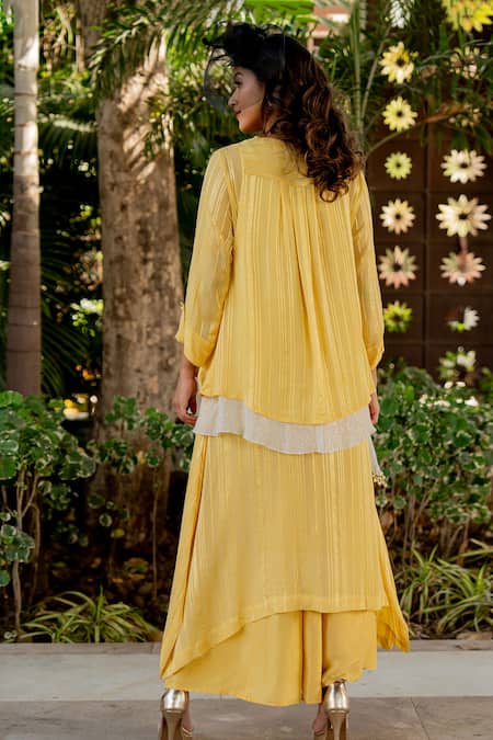 Shop Nikita Vishakha Yellow Silk, Lurex Embroidery, Beads, Tassels V-neck Kurta Set With Cape at Aza Fashions Shop_Nikita Vishakha_Yellow Silk, Lurex Embroidery, Beads, Tassels V-neck Kurta Set With Cape _at_Aza_Fashions