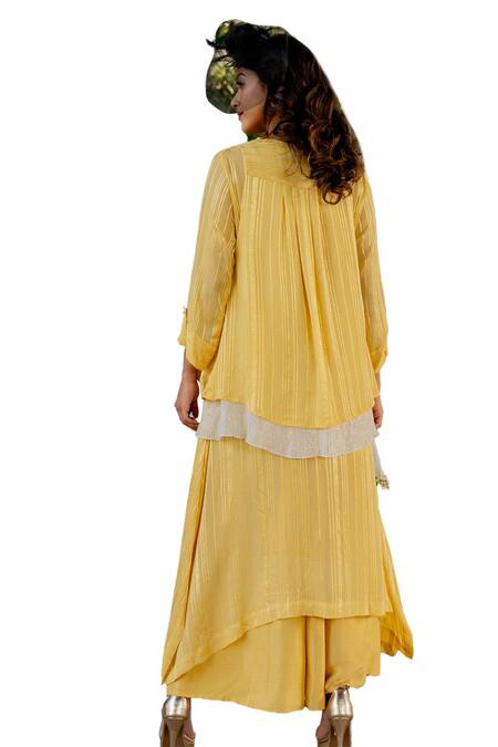Nikita Vishakha Yellow Silk, Lurex Embroidery, Beads, Tassels V-neck Kurta Set With Cape Online at Aza Fashions Nikita Vishakha_Yellow Silk, Lurex Embroidery, Beads, Tassels V-neck Kurta Set With Cape _Online_at_Aza_Fashions