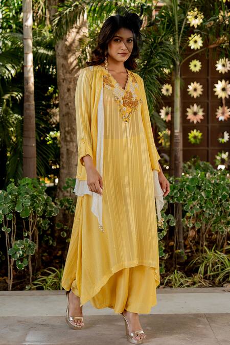 Buy Nikita Vishakha Yellow Silk, Lurex Embroidery, Beads, Tassels V-neck Kurta Set With Cape Online at Aza Fashions Buy_Nikita Vishakha_Yellow Silk, Lurex Embroidery, Beads, Tassels V-neck Kurta Set With Cape _Online_at_Aza_Fashions