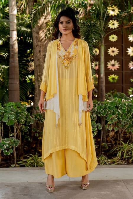 Buy Nikita Vishakha Yellow Silk, Lurex Embroidery, Beads, Tassels V-neck Kurta Set With Cape Buy_Nikita Vishakha_Yellow Silk, Lurex Embroidery, Beads, Tassels V-neck Kurta Set With Cape