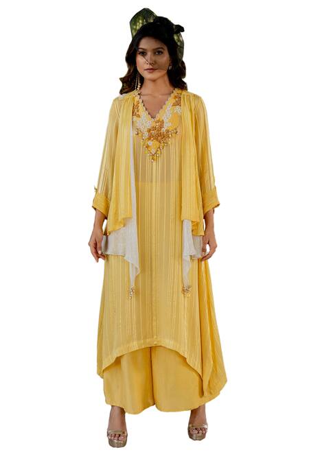 Shop Nikita Vishakha Yellow Silk, Lurex Embroidery, Beads, Tassels V-neck Kurta Set With Cape Shop_Nikita Vishakha_Yellow Silk, Lurex Embroidery, Beads, Tassels V-neck Kurta Set With Cape