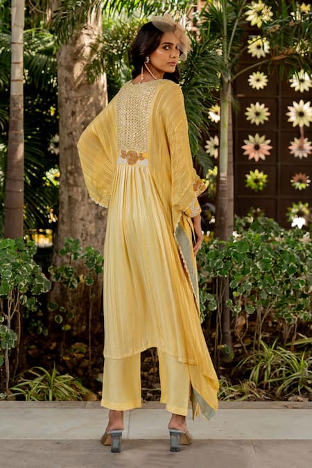 Shop Nikita Vishakha Yellow V-neck Embroidered Kaftan And Pant Set at Aza Fashions Shop_Nikita Vishakha_Yellow V-neck Embroidered Kaftan And Pant Set _at_Aza_Fashions
