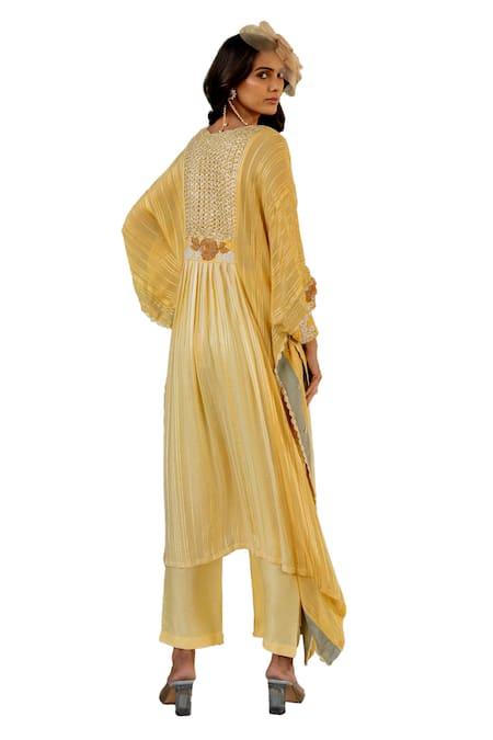 Nikita Vishakha Yellow V-neck Embroidered Kaftan And Pant Set Online at Aza Fashions Nikita Vishakha_Yellow V-neck Embroidered Kaftan And Pant Set _Online_at_Aza_Fashions
