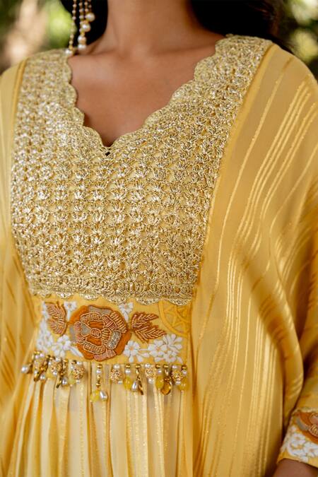 Buy Nikita Vishakha Yellow V-neck Embroidered Kaftan And Pant Set Online at Aza Fashions Buy_Nikita Vishakha_Yellow V-neck Embroidered Kaftan And Pant Set _Online_at_Aza_Fashions