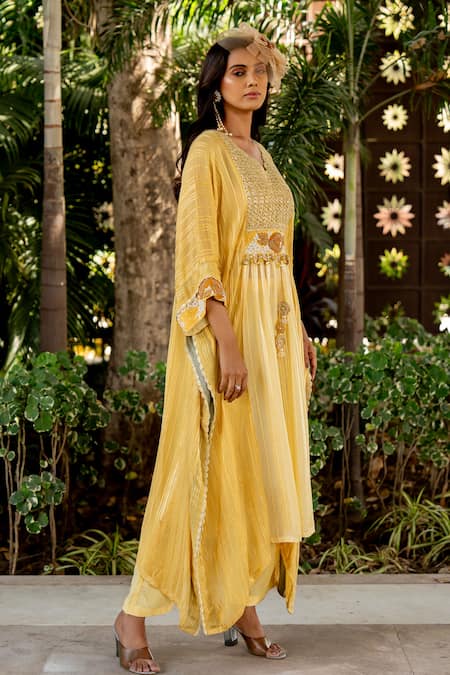 Shop Nikita Vishakha Yellow V-neck Embroidered Kaftan And Pant Set Online at Aza Fashions Shop_Nikita Vishakha_Yellow V-neck Embroidered Kaftan And Pant Set _Online_at_Aza_Fashions