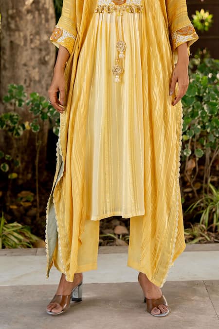 Buy Nikita Vishakha Yellow V-neck Embroidered Kaftan And Pant Set Buy_Nikita Vishakha_Yellow V-neck Embroidered Kaftan And Pant Set