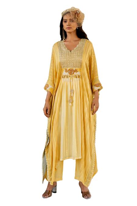 Shop Nikita Vishakha Yellow V-neck Embroidered Kaftan And Pant Set Shop_Nikita Vishakha_Yellow V-neck Embroidered Kaftan And Pant Set